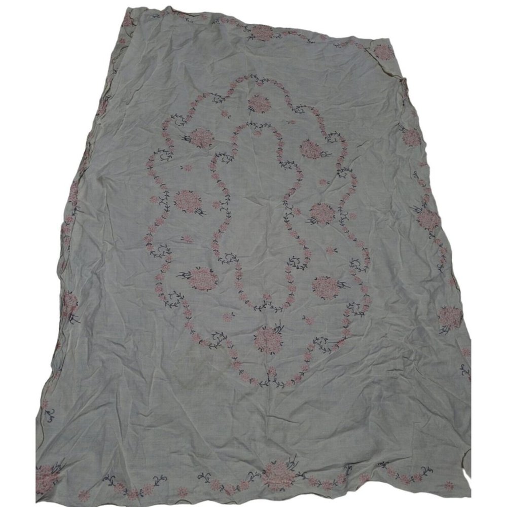 1950s White Kinen Hand Stitched Pink Grey Embroidered Flowers 47x62 in Vintage